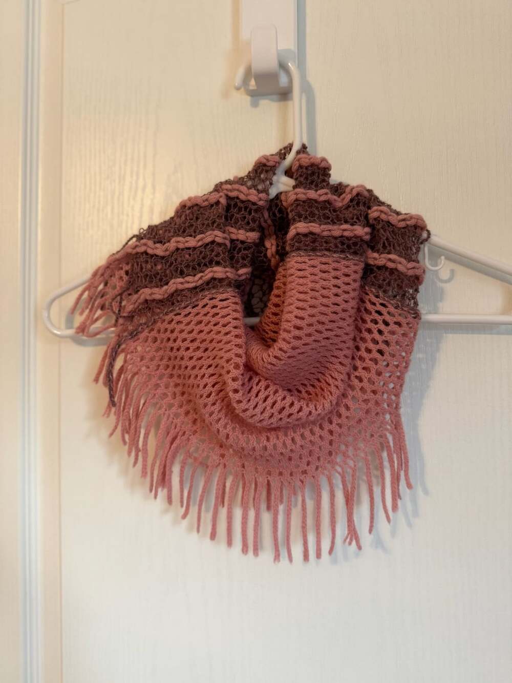 Unbranded Open Knit Fringe Infinity Scarf Pink Brown